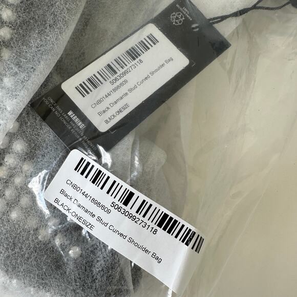 NWT PrettyLittleThing Black Diamante Stud Curved Shoulder Bag - Picture 6 of 9